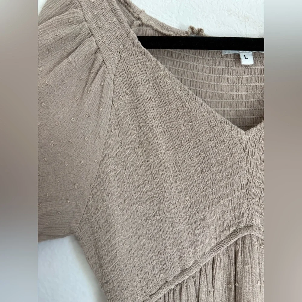 Baltic Born Lainey Smocked Swiss Dot Midi Dress Taupe Boho Long Sleeve Large - Picture 3 of 14